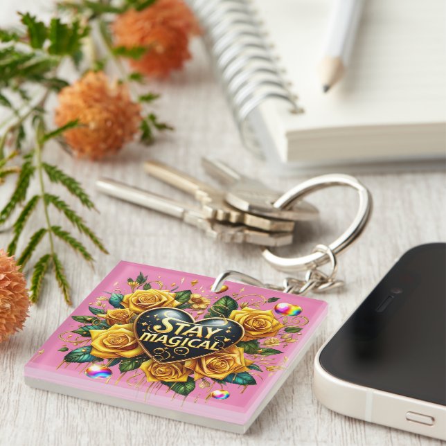 Enchanting Bouquet of Golden Roses And Heart  Key Ring (Front Right)