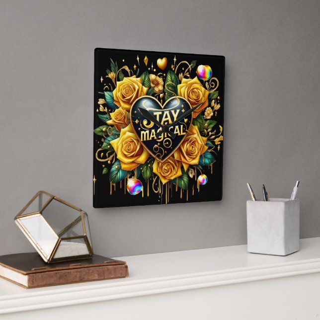 Enchanting Bouquet of Golden Roses And Heart  Square Wall Clock (Office)