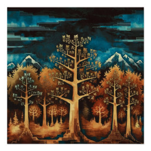 Enchanting Brown Deer in Fractal Forest Watercolor Poster