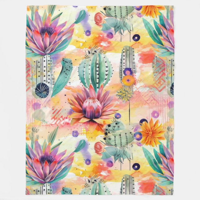 Enchanting Cacti Garden in Vibrant Colours Fleece Blanket (Front)