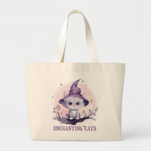 Enchanting Cat – Cute Pastel Purple Witch Cat Large Tote Bag
