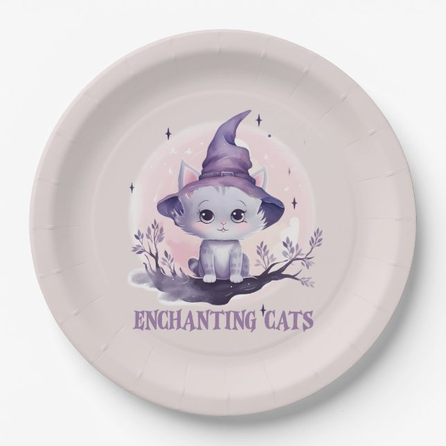 Enchanting Cat – Cute Pastel Purple Witch Cat Paper Plate (Front)