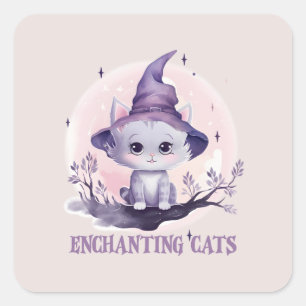 Enchanting Cat – Cute Pastel Purple Witch Cat Square Sticker