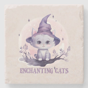 Enchanting Cat – Cute Pastel Purple Witch Cat Stone Coaster