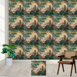 Enchanting Chinoiserie Pagoda and Nature Tile