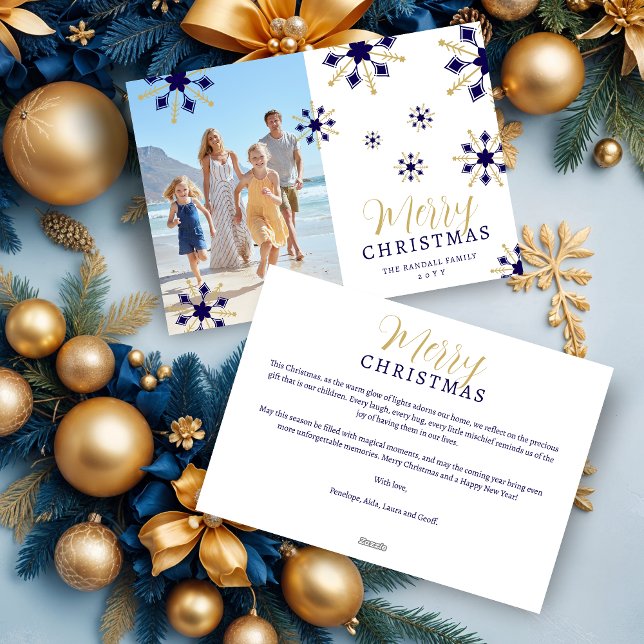 Enchanting Christmas Dark Blue & Gold Snowflakes  Holiday Card (Enchanting Dark Blue & Faux Gold Snowflakes Merry Christmas Holidays Cards with Family Photo. )