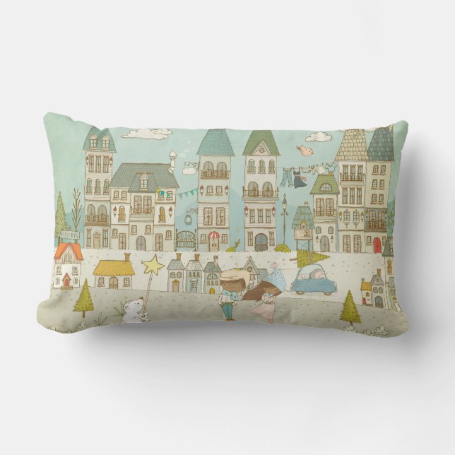 Enchanting City Scene/Characters and Houses Lumbar Cushion (Front)