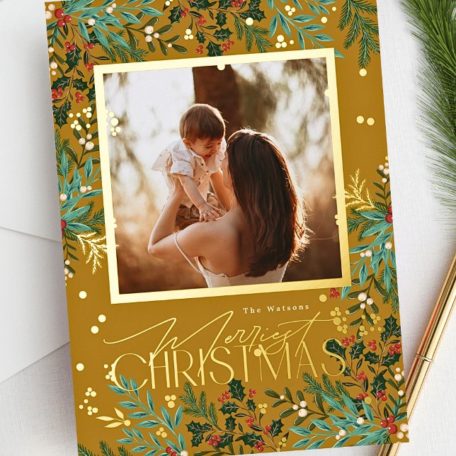Enchanting Classic Botanical Christmas Photo Gold Foil Holiday Card (Creator Uploaded)