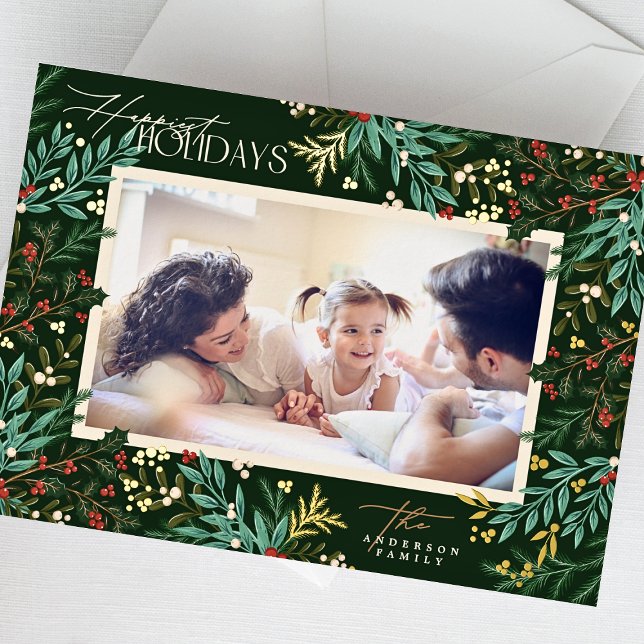 Enchanting Classic Botanical Emerald 1 Photo Happy Foil Holiday Card (Creator Uploaded)