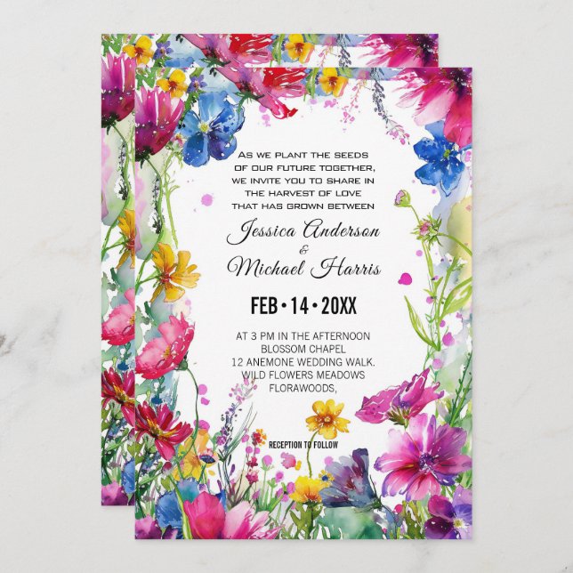 Enchanting colourful  Meadow Blooms Invitation (Front/Back)