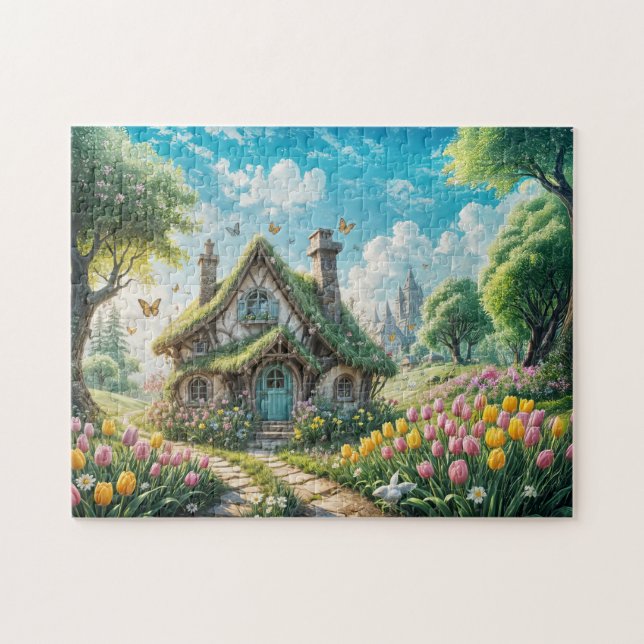 Enchanting Cottage with Tulip Garden Jigsaw Puzzle (Horizontal)