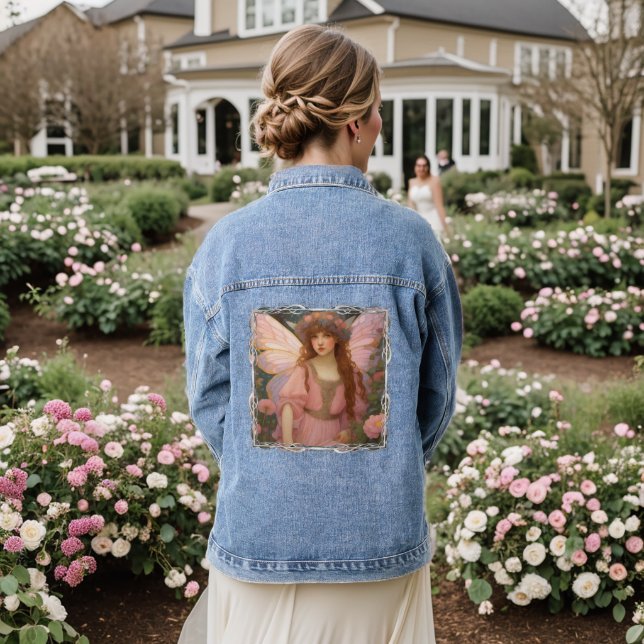 Enchanting Dreams: A Whimsical Pink Fairy Portrait Denim Jacket (Wedding Back)