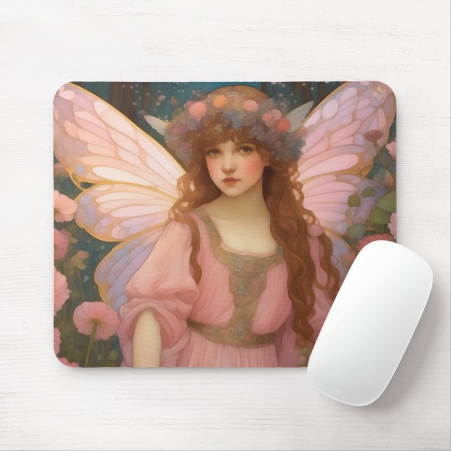 Enchanting Dreams: A Whimsical Pink Fairy Portrait Mouse Pad (With Mouse)