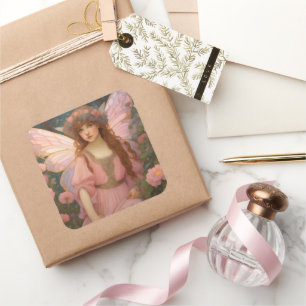 Enchanting Dreams: A Whimsical Pink Fairy Portrait Square Sticker