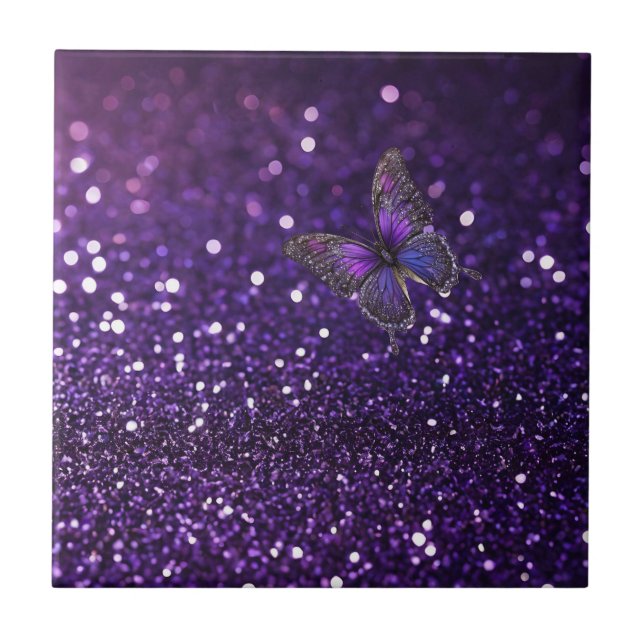 Enchanting Elegance: The Purple Sparkle Butterfly  Ceramic Tile (Front)