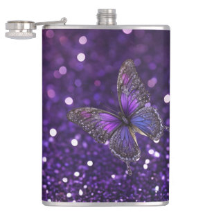 Enchanting Elegance: The Purple Sparkle Butterfly  Hip Flask