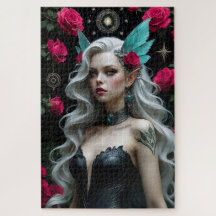 Enchanting Elf Maiden with Teal Wings and Roses 
