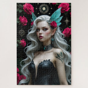 Enchanting Elf Maiden with Teal Wings and Roses Jigsaw Puzzle