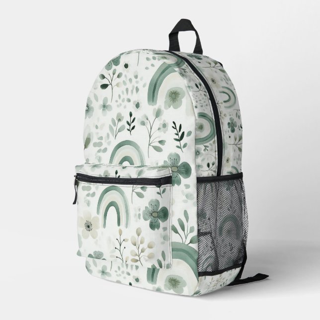 Enchanting Emerald Blooms & Rainbow Whimsy Printed Backpack (Back Corner Right)