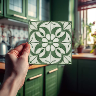 Enchanting Emerald Green Symmetrical Floral Ceramic Tile