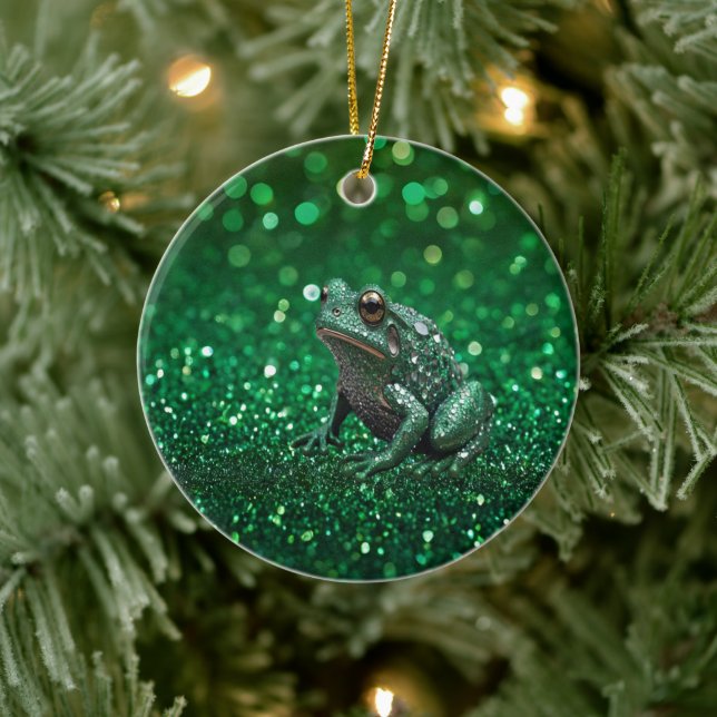 Enchanting Emergence: The Green Sparkle Frog  Ceramic Ornament (Tree)