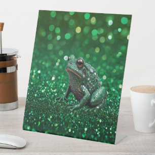 Enchanting Emergence: The Green Sparkle Frog Pedestal Sign
