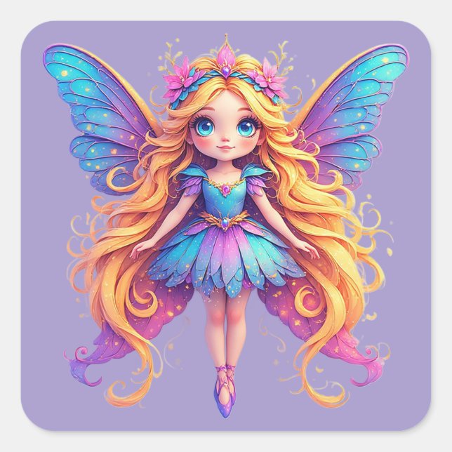 Enchanting Fantasy Fairy with Colourful Wings Square Sticker (Front)