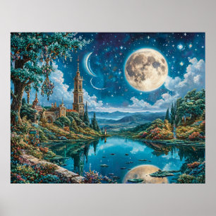 Enchanting Fantasy Landscape with Moonlit Castle Poster