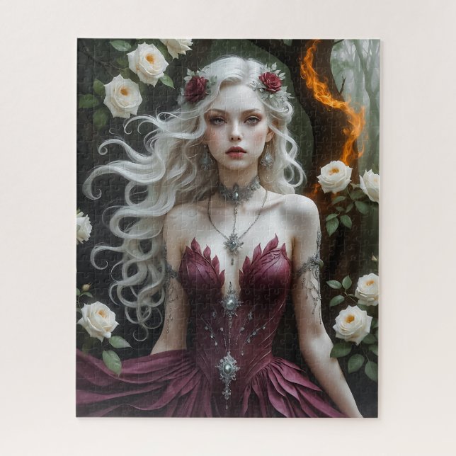 Enchanting Fantasy Queen in Burgundy Gown Puzzle (Vertical)