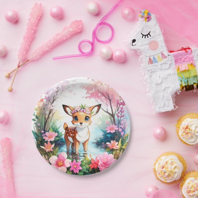 Enchanting Fawn Watercolor Woodland Girl Birthday Paper Plate (Party)