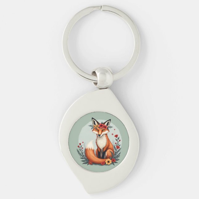Enchanting Floral Fox Woodland Folk Art Key Ring (Front)