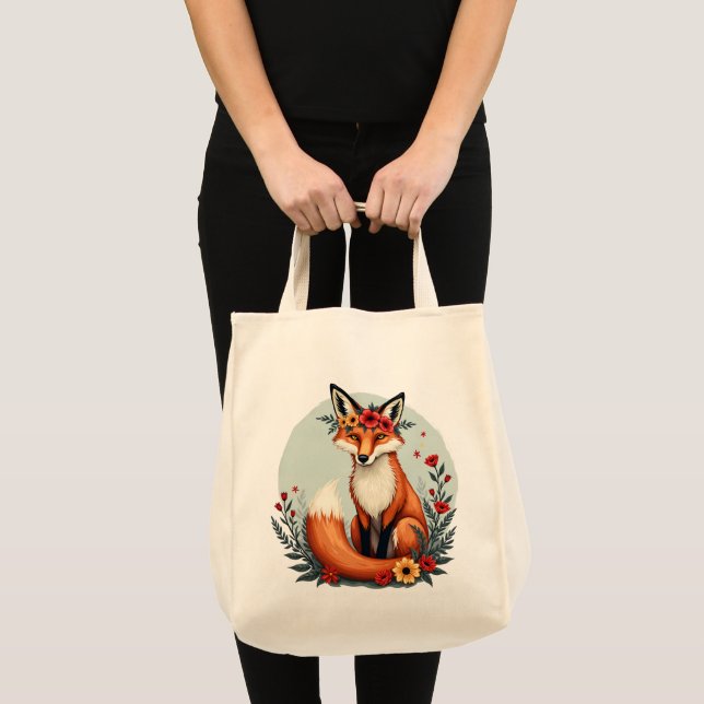 Enchanting Floral Fox Woodland Folk Art Tote Bag (Front (Product))