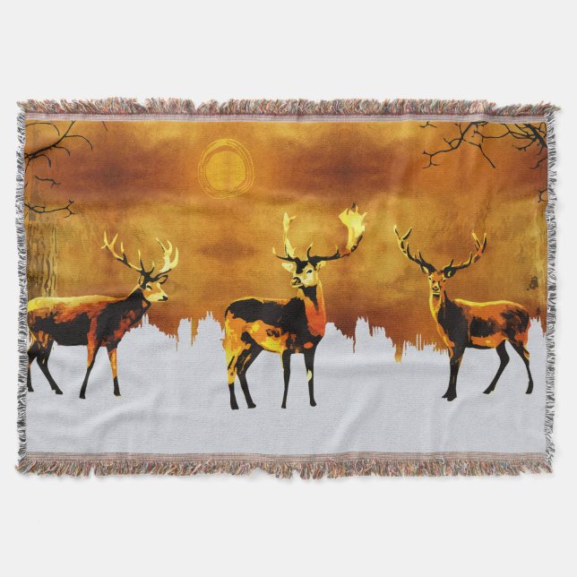 Enchanting Forest Trio: Oriental Deer Art Throw Blanket (Front)