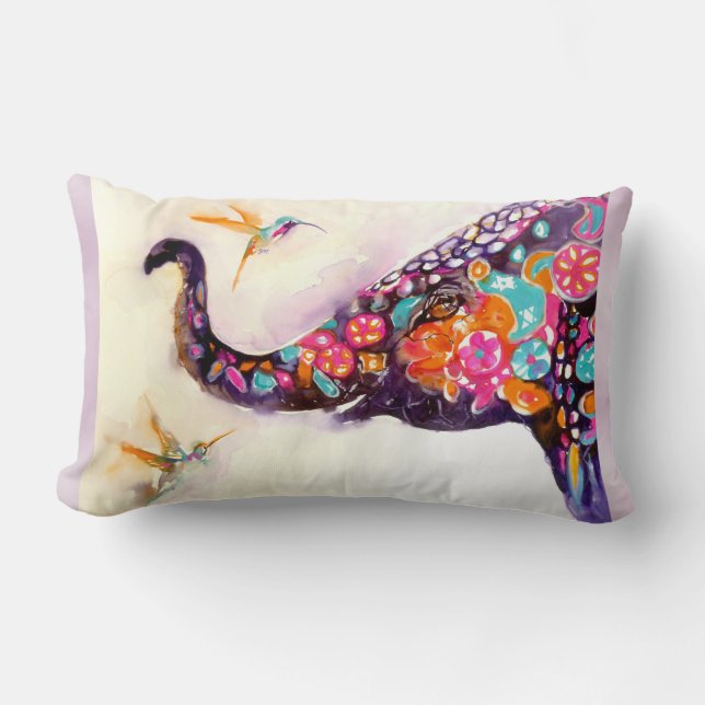 Enchanting Friends Elephant and Hummingbirds Lumbar Cushion (Front)