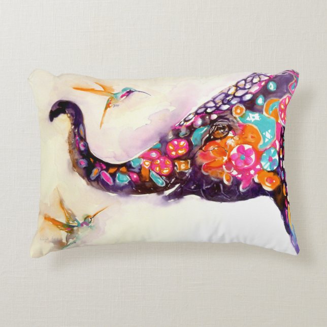 "Enchanting Friends" Hummingbird & Elephant Decorative Cushion (Front)