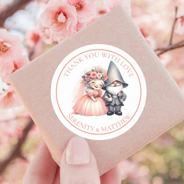 Enchanting Garden Gnome Rustic Wedding Thank You Classic Round Sticker (Creator Uploaded)