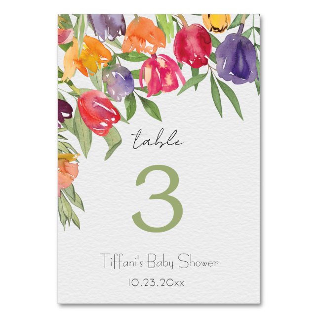 Enchanting Garden Tulips and Greenery Baby Shower Table Number (Front)