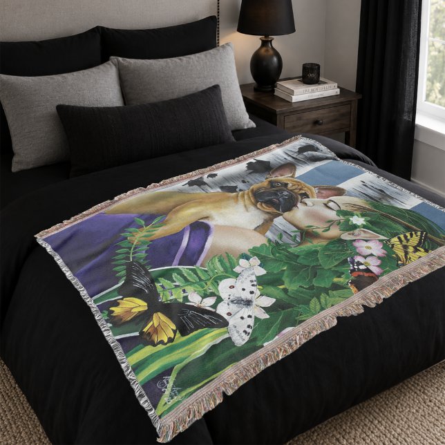 Enchanting Green Fantasy French Bulldog Dryad Throw Blanket (Creator Uploaded)
