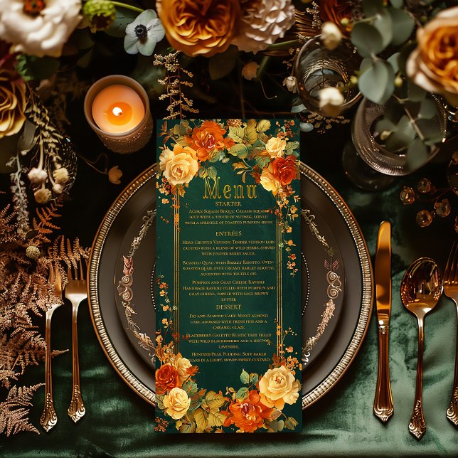 Enchanting Green & Orange Druid Inspired Wedding  Menu (elegant wedding menu design, Celtic-inspired wedding stationery, autumn wedding menu, nature-themed )