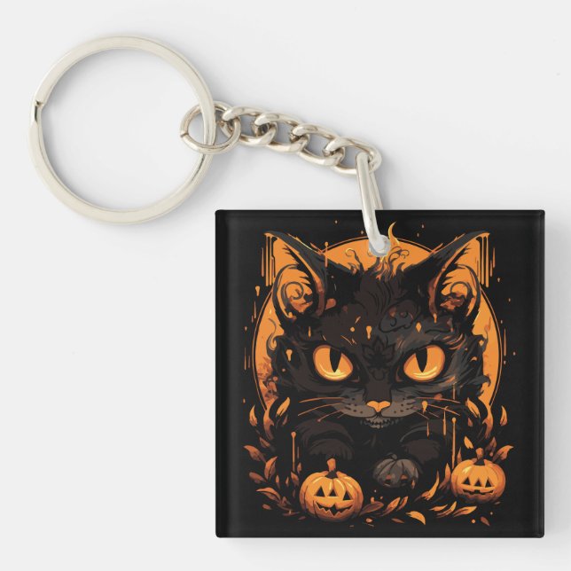 Enchanting Halloween: Black Cat Among Pumpkins Key Ring (Front)