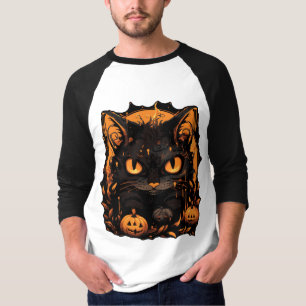 Enchanting Halloween: Black Cat Among Pumpkins T-Shirt