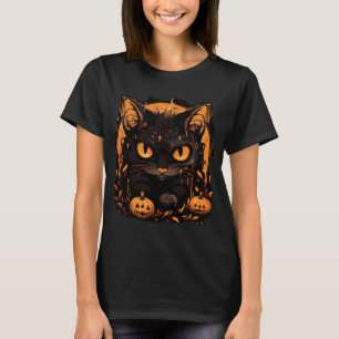 Enchanting Halloween: Black Cat Among Pumpkins T-Shirt
