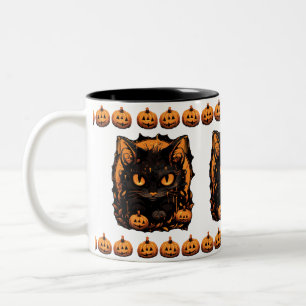 Enchanting Halloween: Black Cat Among Pumpkins Two-Tone Coffee Mug