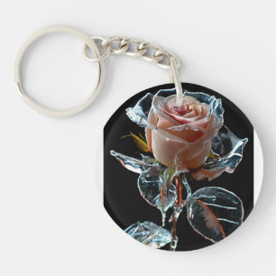 "Enchanting Ice Rose: A Transparent Glass Blossom Key Ring