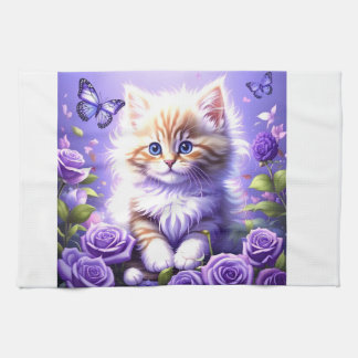Enchanting Kitten Among Purple Roses Tea Towel