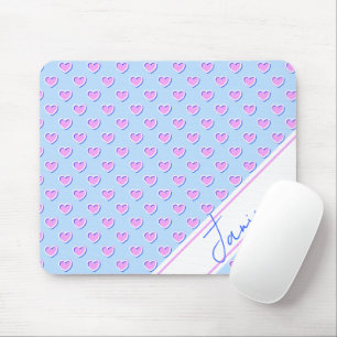 Enchanting Light Blue Cute Pink Hearts Custom Name Mouse Pad