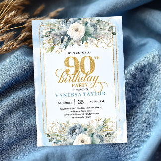 Enchanting light blue gold look 90th birthday invitation