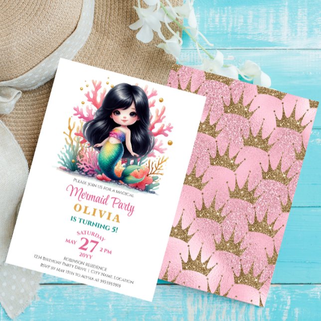 Enchanting Magical Mermaid Birthday Party Invitation (Enchanted dark-haired mermaid birthday invitation front and back.)