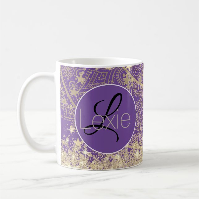 Enchanting Mandala with Gold Stars Monogram Coffee Mug (Left)