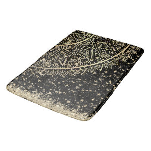 Enchanting Mandala with Gold Stars on Black  Bath Mat